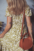 Yellow Boho Floral Square Neck Smocked Bust Puff Sleeve Tiered Long Dress