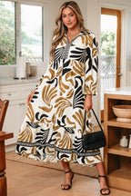 Brown Tropical Printed Contrast Trim Neck Long Sleeve Ruffle Hem Dress