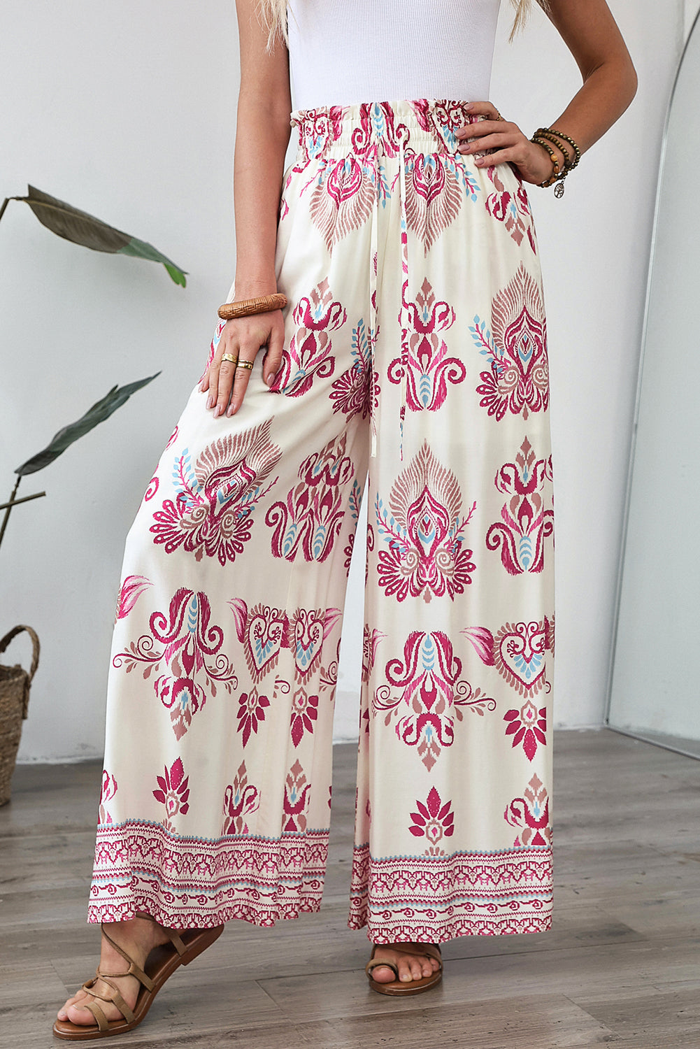 Rose Boho Printed Shirred High Waist Flowy Wide Leg Pants