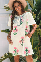 Apricot Floral Short Sleeve Split Neck Loose Mini Dress