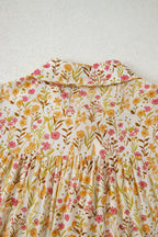 Yellow Floral Print Frilly Trim Smocked Cuff Long Sleeve Loose Shirt Dress