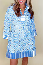 Sky Blue Contrast Striped Trim Floral Shift Fit Fall Dress