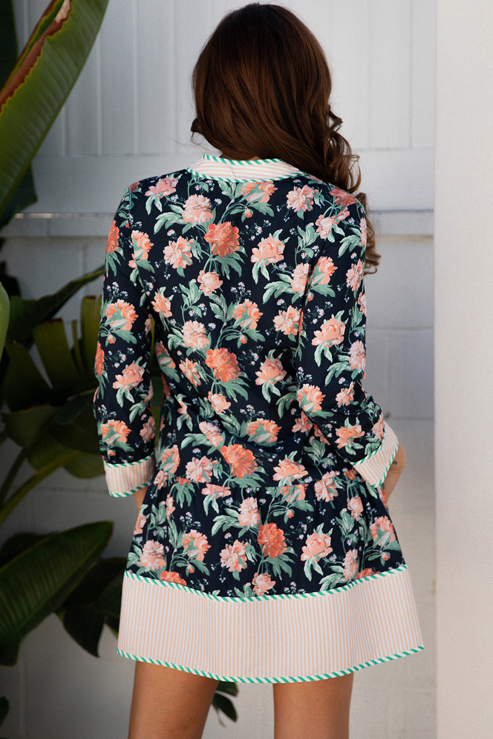 Blue Floral Print Striped Trim V Neck Long Sleeve Ruffle Hem Shift Mini Dress