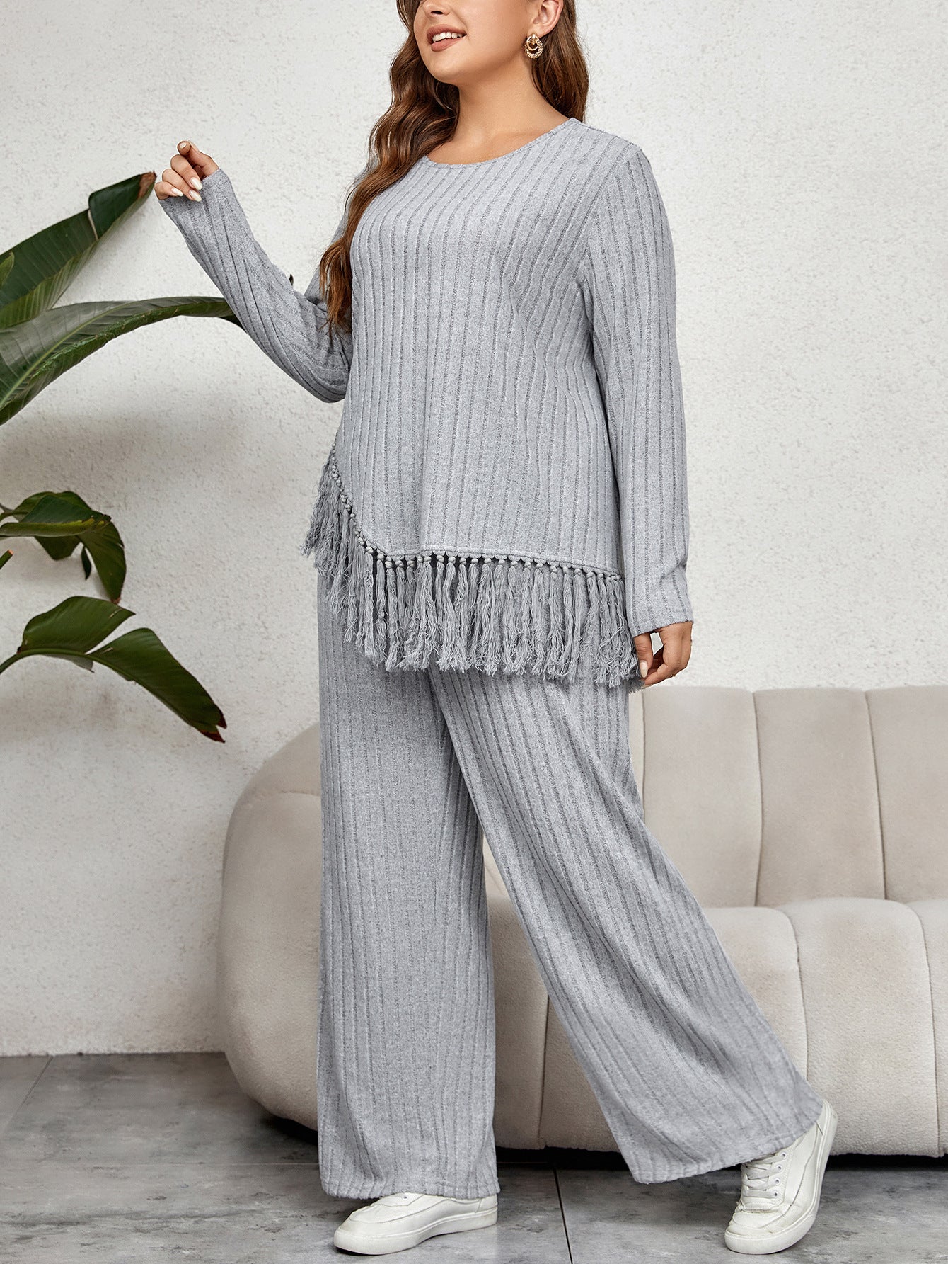 Irregular Fringe Long Sleeve Top With Loose Wide Leg Pants Set