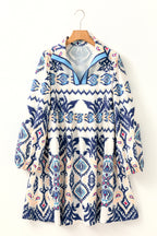 Blue Ethnic Print Striped Split Neck Long Sleeve Flowy Mini Dress