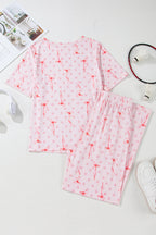 Pink Bow Knot Polka Dot Print Short Sleeve Top Lounge Set