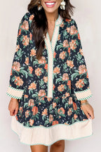 Blue Floral Print Striped Trim V Neck Long Sleeve Ruffle Hem Shift Mini Dress