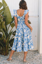 Sky Blue Floral U Neck Flutter Shoulder Tiered Flowy Midi Dress