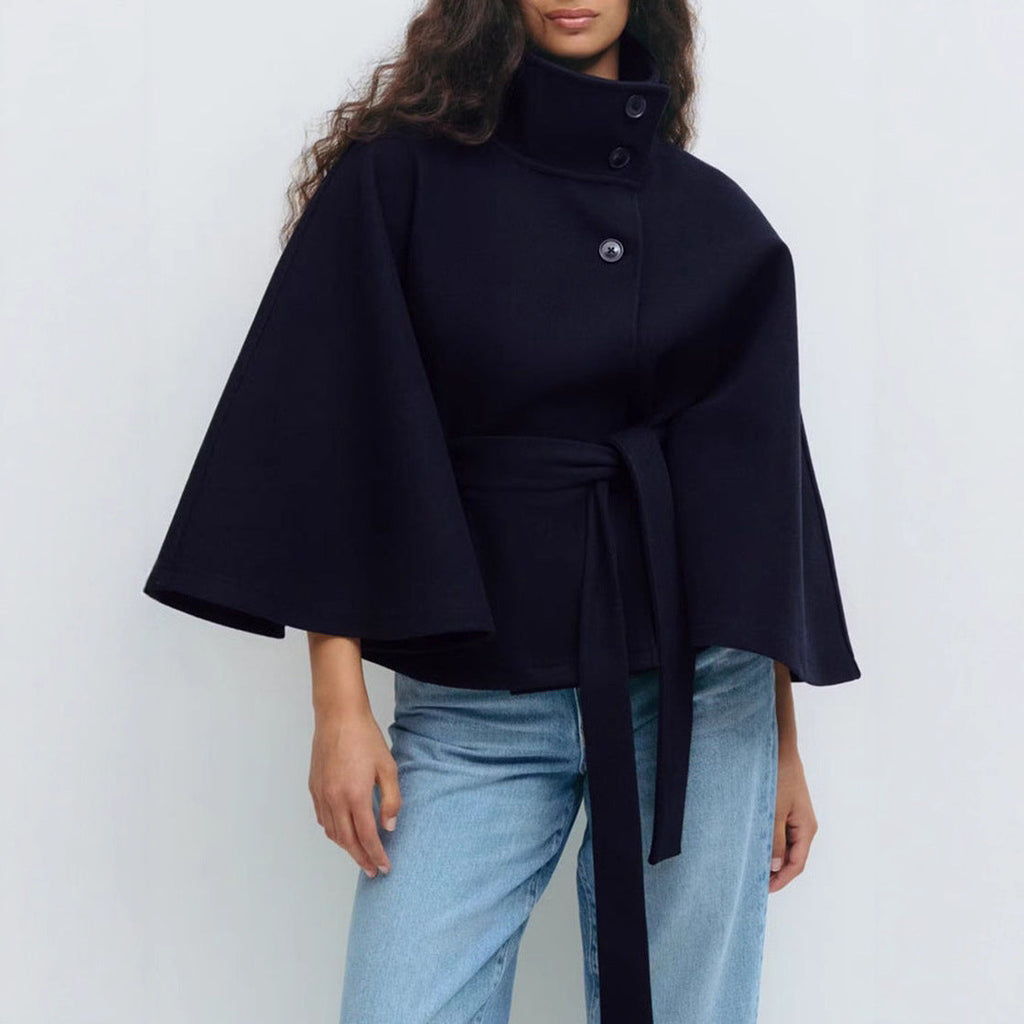Elegant High Neck Batwing Sleeve Coat With Belt