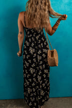 Black Floral Spaghetti Strap Shirred Bodice Tied Empire Waist Maxi Dress