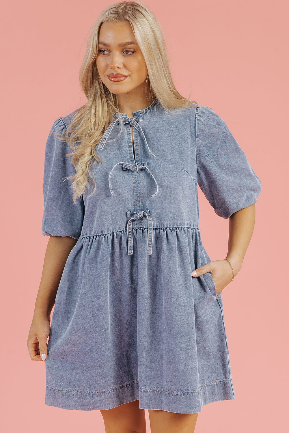 Dusk Blue Bowknot Bubble Sleeve Short Denim Dress