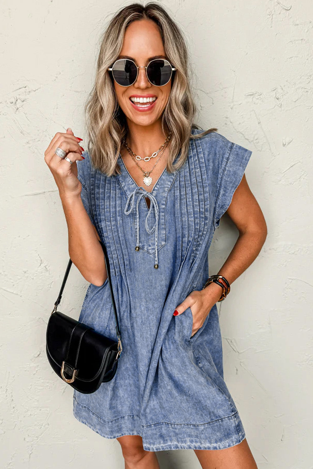 Beau Blue Tie V Neck Tucking Detail Short Sleeve Denim Shift Dress