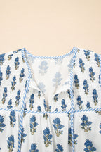 Sky Blue Floral Puff Sleeve Tied Neck Pocketed Mini Dress