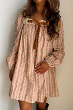 Khaki Floral Print Contrast Velvet Bow Lace Patchwork Long Sleeve Loose Mini Dress