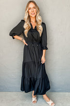 Black Flounced Bracelet Sleeve V Neck Tiered Maxi Dress