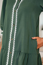 Canton Contrast Ricrac Trim Button V Neck Knotted Bracelet Sleeve Shift Dress