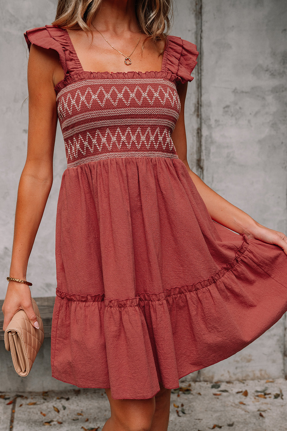 Red Sandalwood Geometric Stitch Shirred Bodice Ruffled Trim Sleeveless Mini Dress
