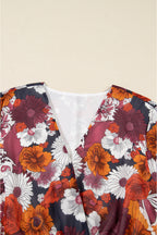 Red Floral Print Wrap V Neck Puff Sleeve Flowy Mini Dress