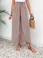 Pink Bohemian Print Slit Wide Leg Smocked High Waist Pants