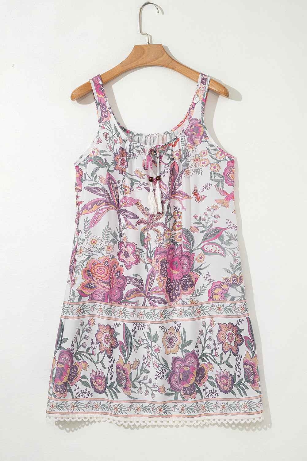 Multicolour Floral Print Fringed Tie U Neck Sleeveless Mini Dress