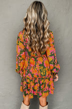 Multicolour Floral Print Long Sleeve Smocked Ruffled Mini Dress