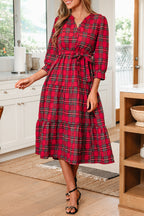 Red Christmas Plaid V Neck 3/4 Sleeve Tie Waist Ruffle Hem Long Dress