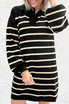 Black Stripe Polo Collar Puff Sleeve Sweater Mini Dress
