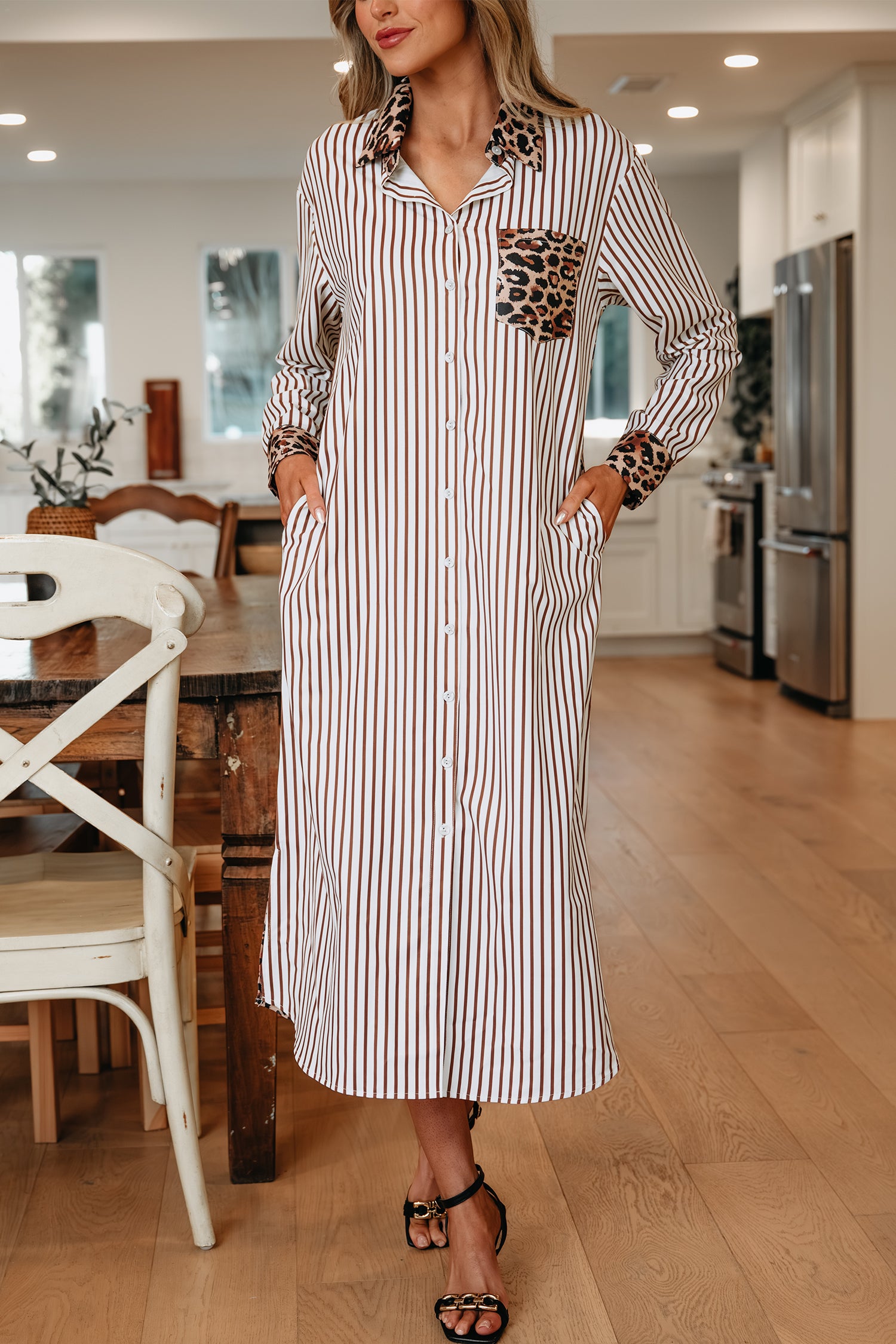 Brown Stripe Contrast Leopard Patchwork Long Shirt Dress with Slits