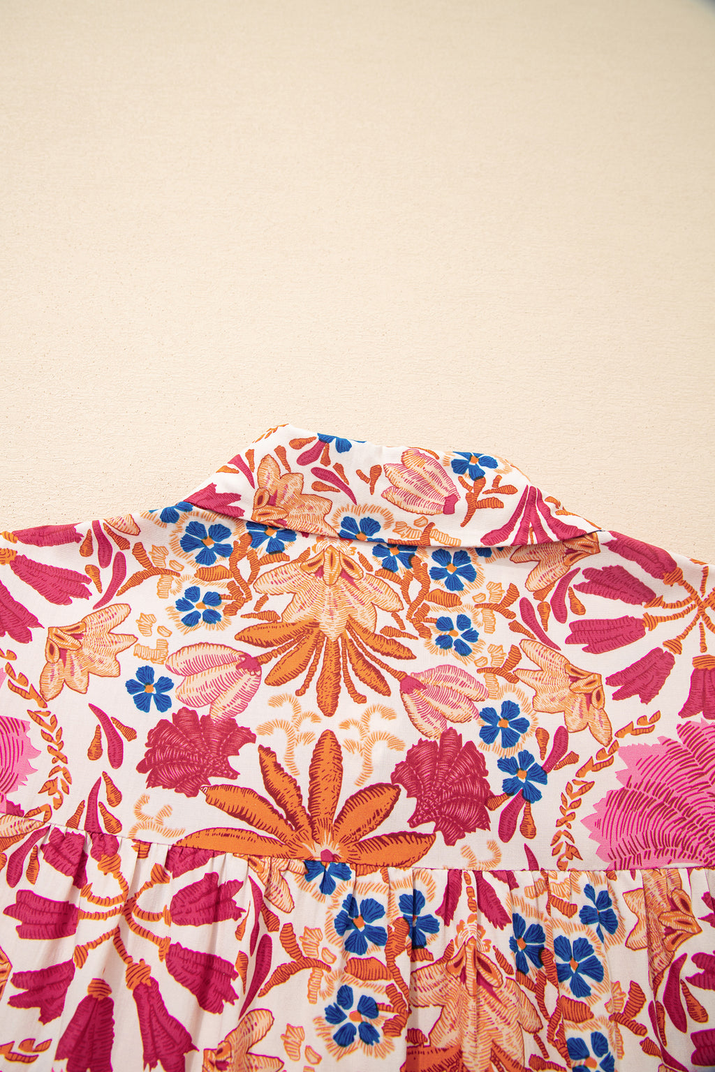 Red Fall Flower Print Long Sleeve Mini Dress