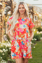 Pink Floral Print Bubble Short Sleeve Dress