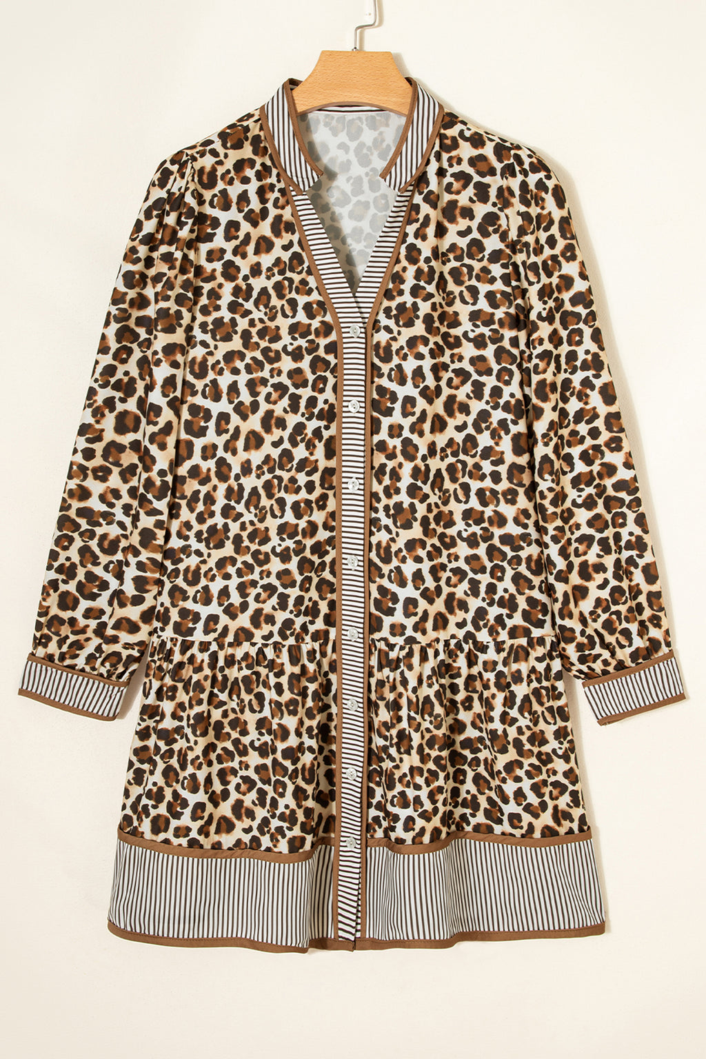 Brown Leopard Print Striped Patchwork 3/4 Sleeve Loose Mini Dress