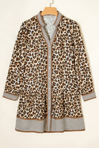 Brown Leopard Print Striped Patchwork 3/4 Sleeve Loose Mini Dress