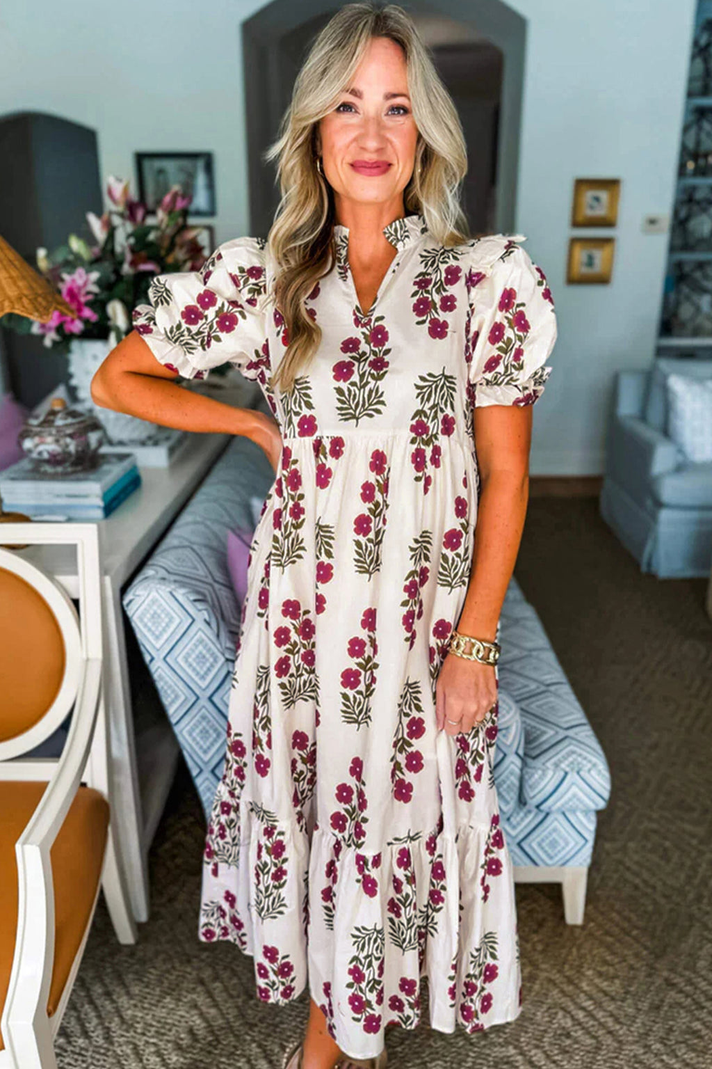 Beige Floral Short Bubble Sleeve Tiered Maxi Dress