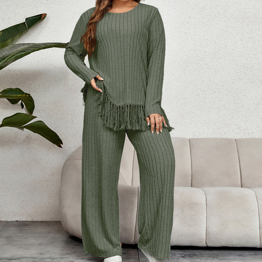 Irregular Fringe Long Sleeve Top With Loose Wide Leg Pants Set