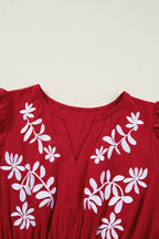 Racing Red Contrast Embroidered Detail Cinched Waist Tiered Long Sleeve Maxi Dress