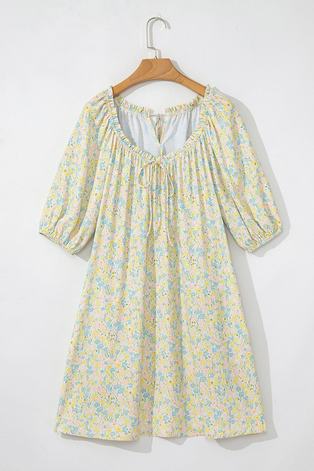 Green Floral Half Sleeve Frilled U Neck A-line Short Dress