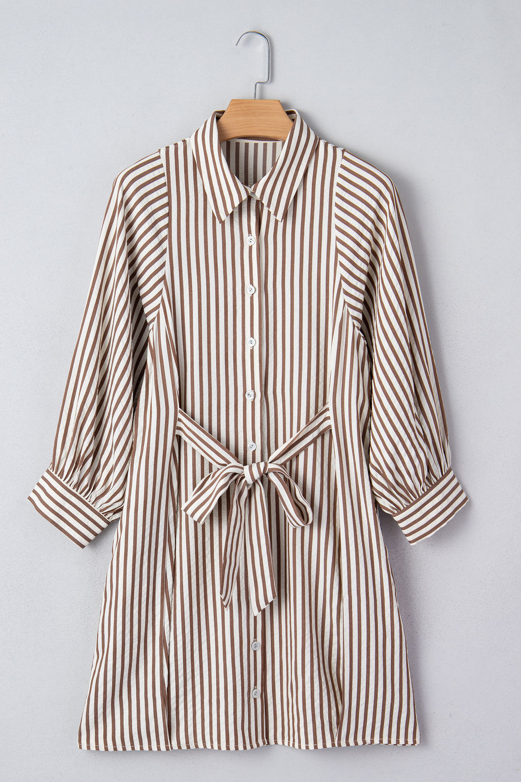 Brown Stripe Knot Waist Puff Sleeve Button Down Mini Shirt Dress