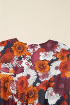 Red Floral Print Wrap V Neck Puff Sleeve Flowy Mini Dress