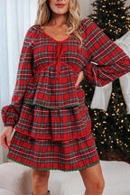 Red Plaid Print Ricrac Tiered Bubble Sleeve Mini Dress