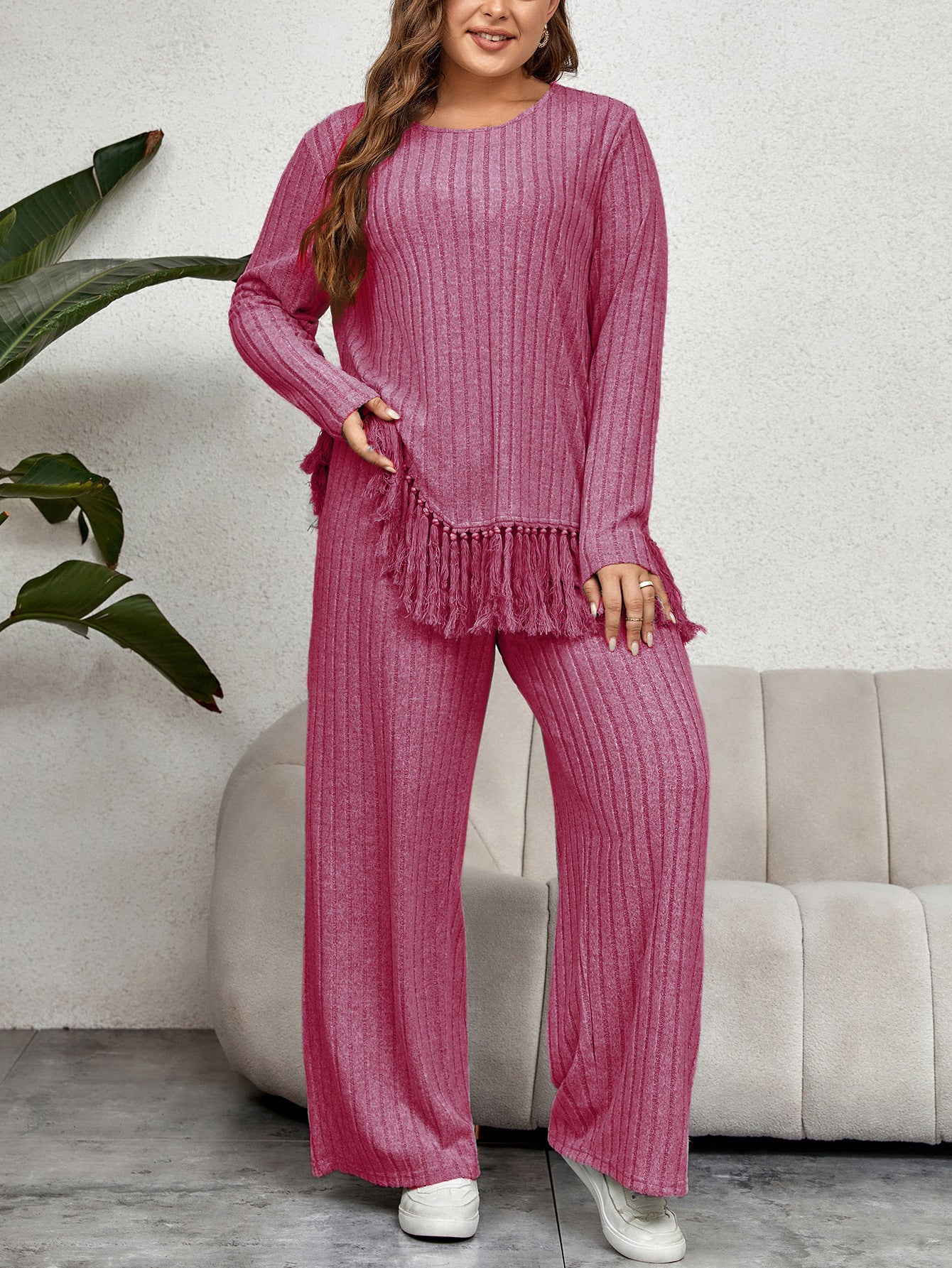 Irregular Fringe Long Sleeve Top With Loose Wide Leg Pants Set