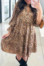 Khaki Leopard Print V Neck Ruffled Sleeve Tiered Loose Mini Dress