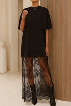 Black Floral Patchwork Short Sleeve T Shirt Loose Maxi Dress