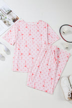 Pink Bow Knot Polka Dot Print Short Sleeve Top Lounge Set
