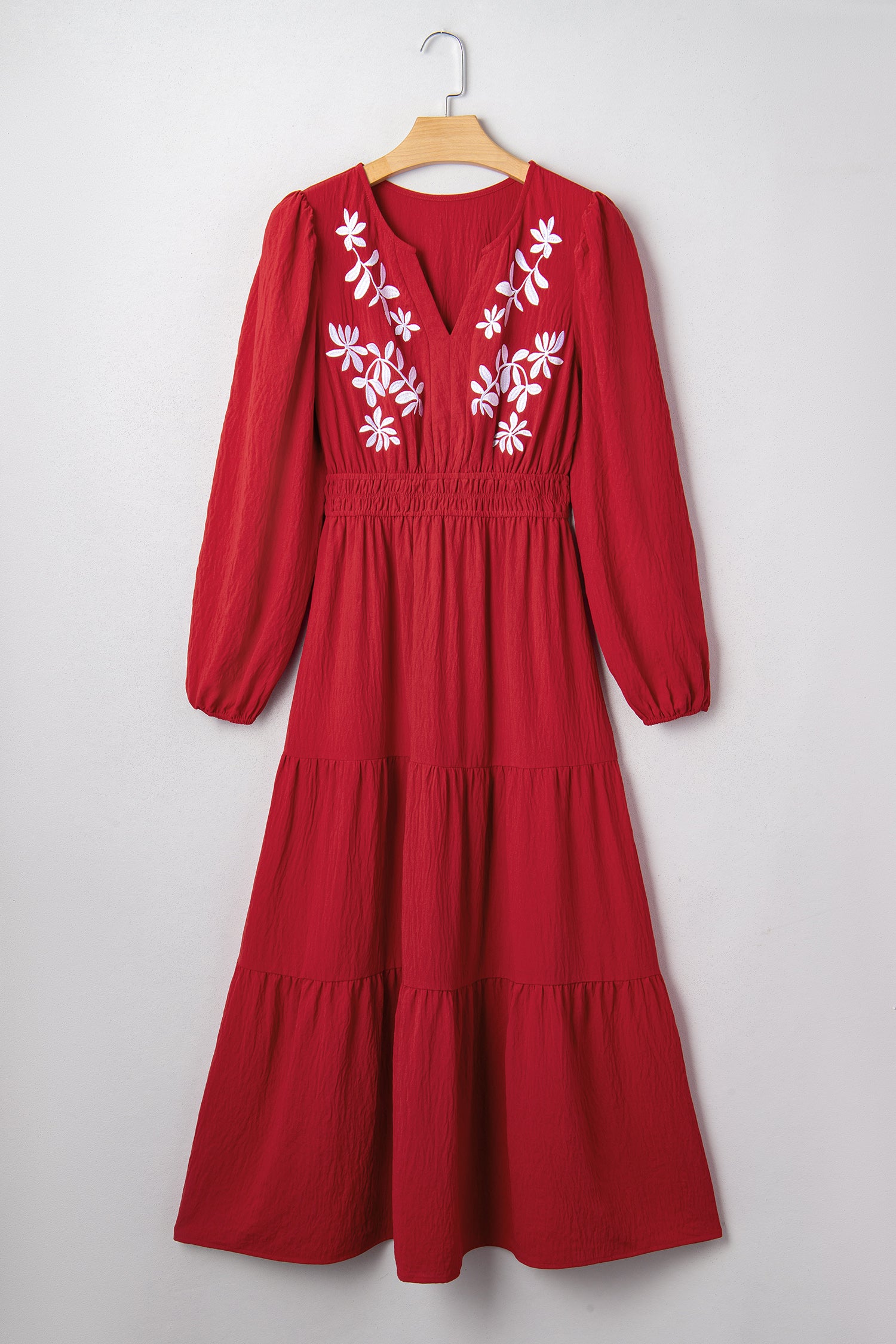Racing Red Contrast Embroidered Detail Cinched Waist Tiered Long Sleeve Maxi Dress