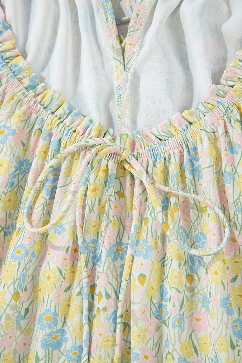 Green Floral Half Sleeve Frilled U Neck A-line Short Dress