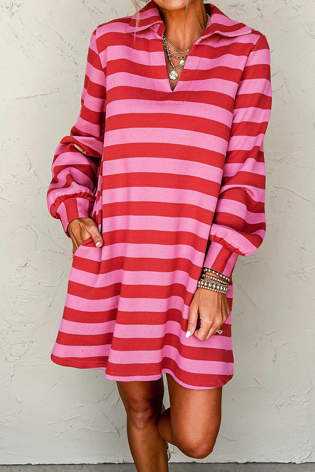Red Stripe Polo Neck Shift Fit Sweatshirt Dress with Side Pockets