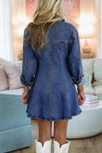 Ashleigh Blue Denim Shirt Collar Long Sleeve Flared Mini Dress