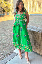 Green Floral Print Contrast Trim Knotted Straps Midi Dress