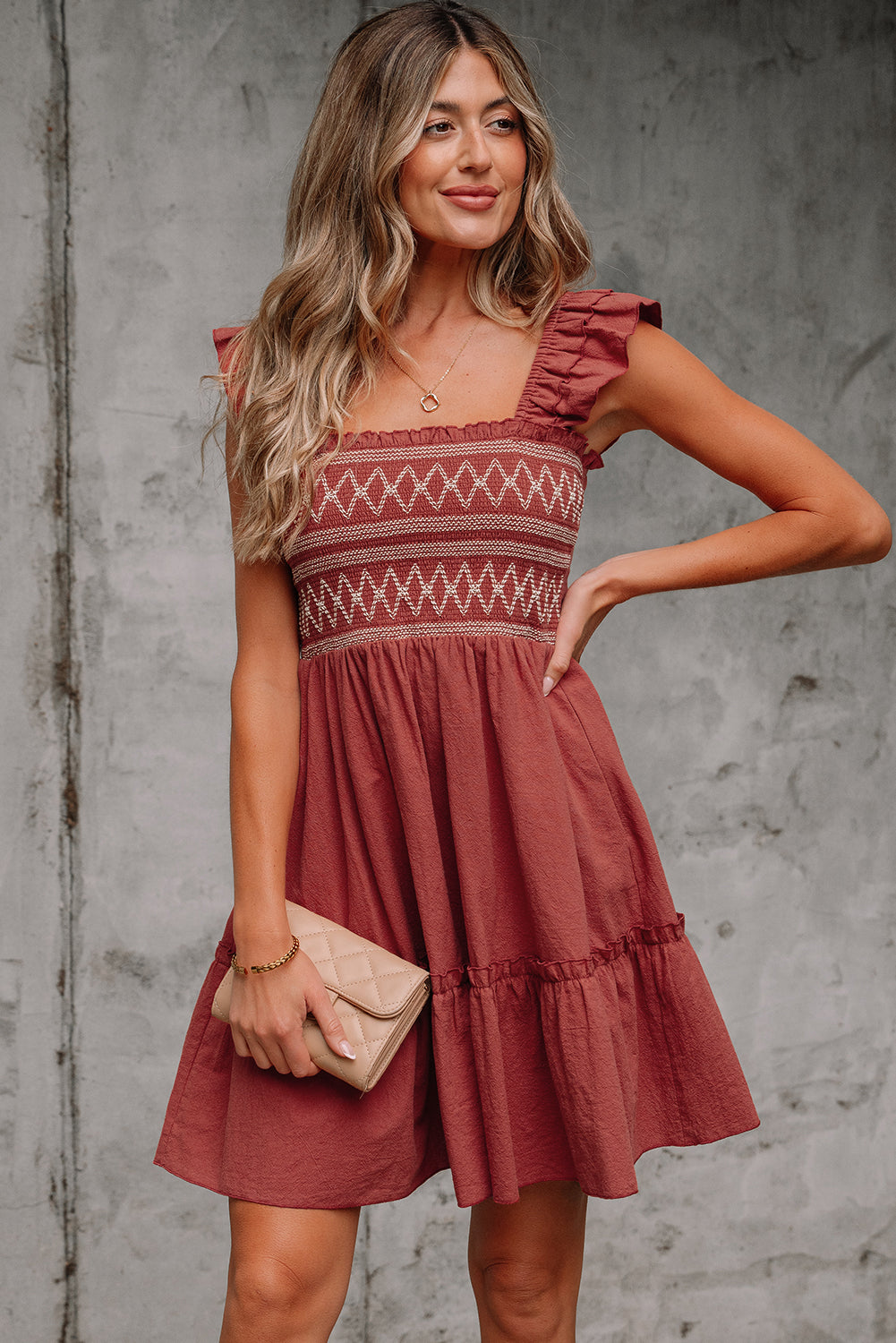 Red Sandalwood Geometric Stitch Shirred Bodice Ruffled Trim Sleeveless Mini Dress
