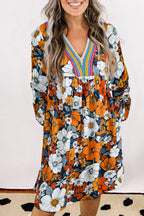 Orange Floral Print Striped Lace V Neck Long Sleeve Mini Dress
